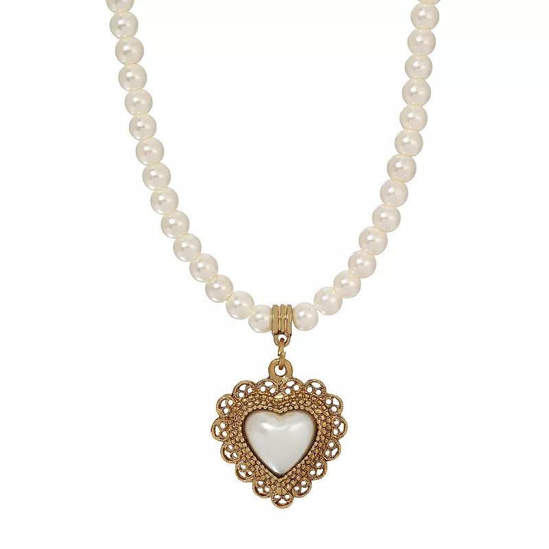 1928 Gold Tone Faux Pearl Heart Shaped Necklace, Womens, White Product Image