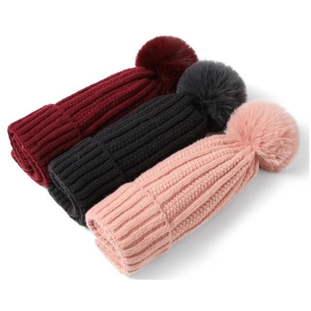 TheDapperTie Women's Red Solid Color 100% Acrylic Knit Hat with pom And Fleece Lining Product Image