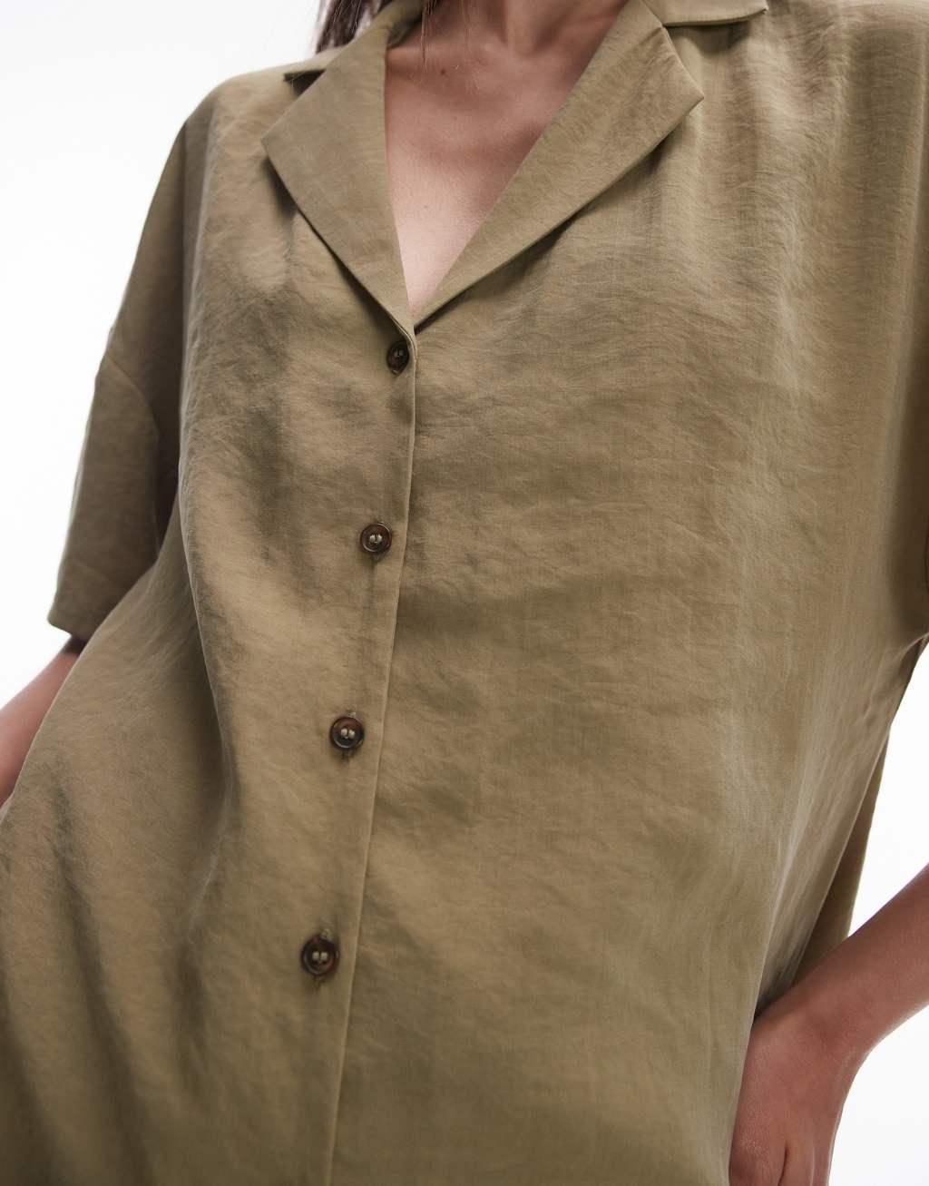 Topshop button down mini shirt dress in khaki Product Image