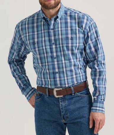 Wrangler George Strait® Men's L/S Navy Plaid Button Shirt Product Image