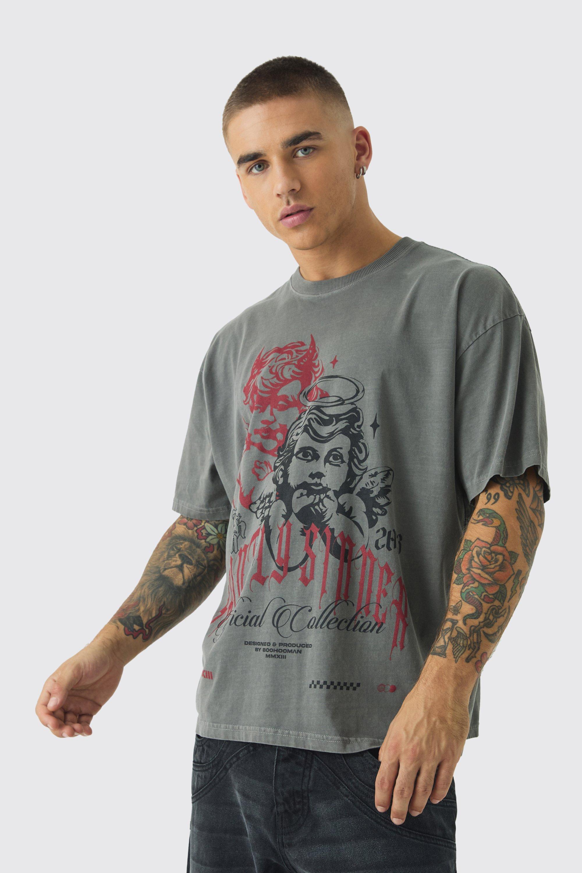 Oversized Boxy Cherub Print Washed Raw Hem T-Shirt | boohooMAN USA Product Image