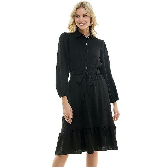 Womens Luxology Button Front Belted Tiered Midi Dress Black Product Image