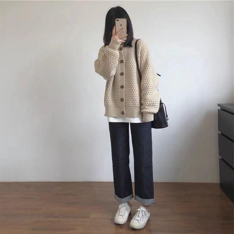 Round Neck Plain Cardigan Product Image