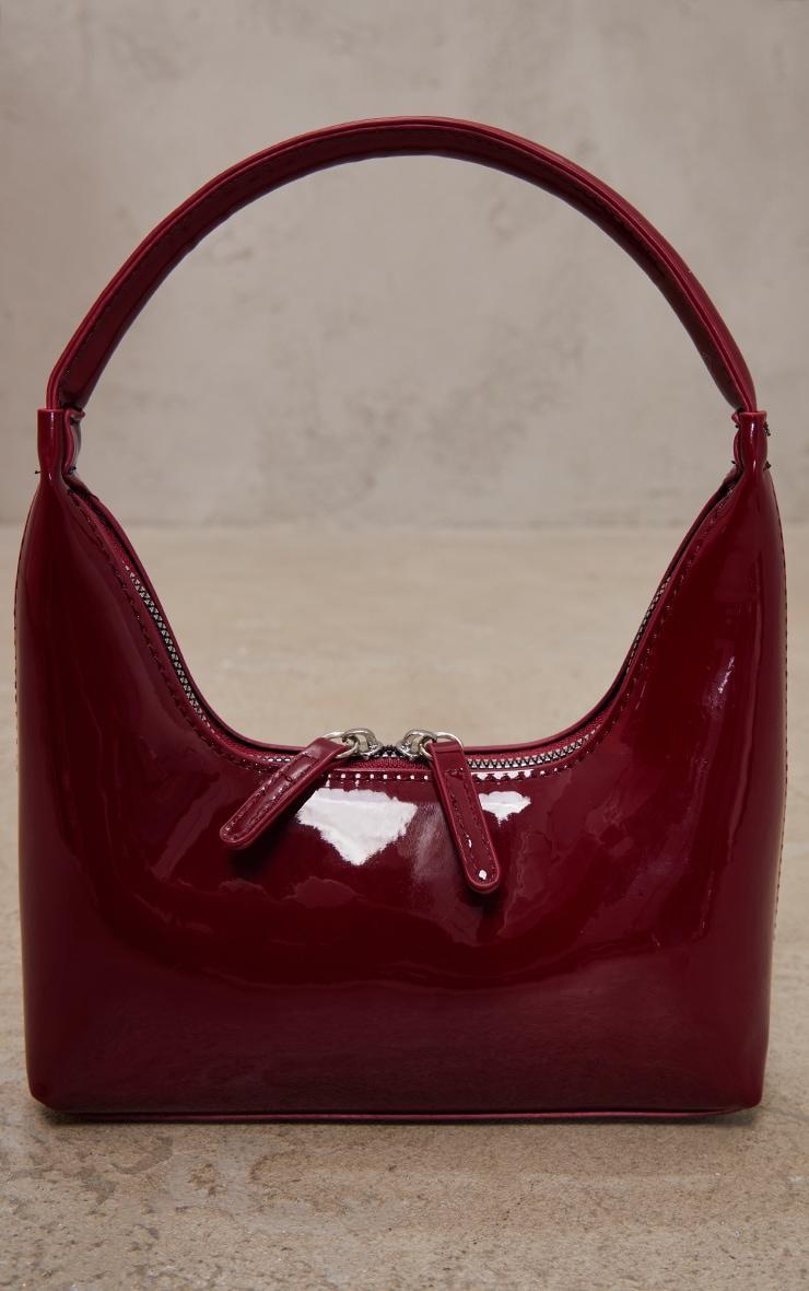 Burgundy Patent Simple Structured Double Zip Shoulder Bag Product Image