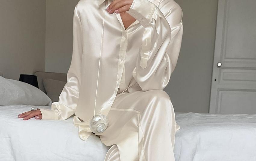 Set: Long-Sleeve Plain Button-Up Shirt + High Rise Wide Leg Pants Product Image