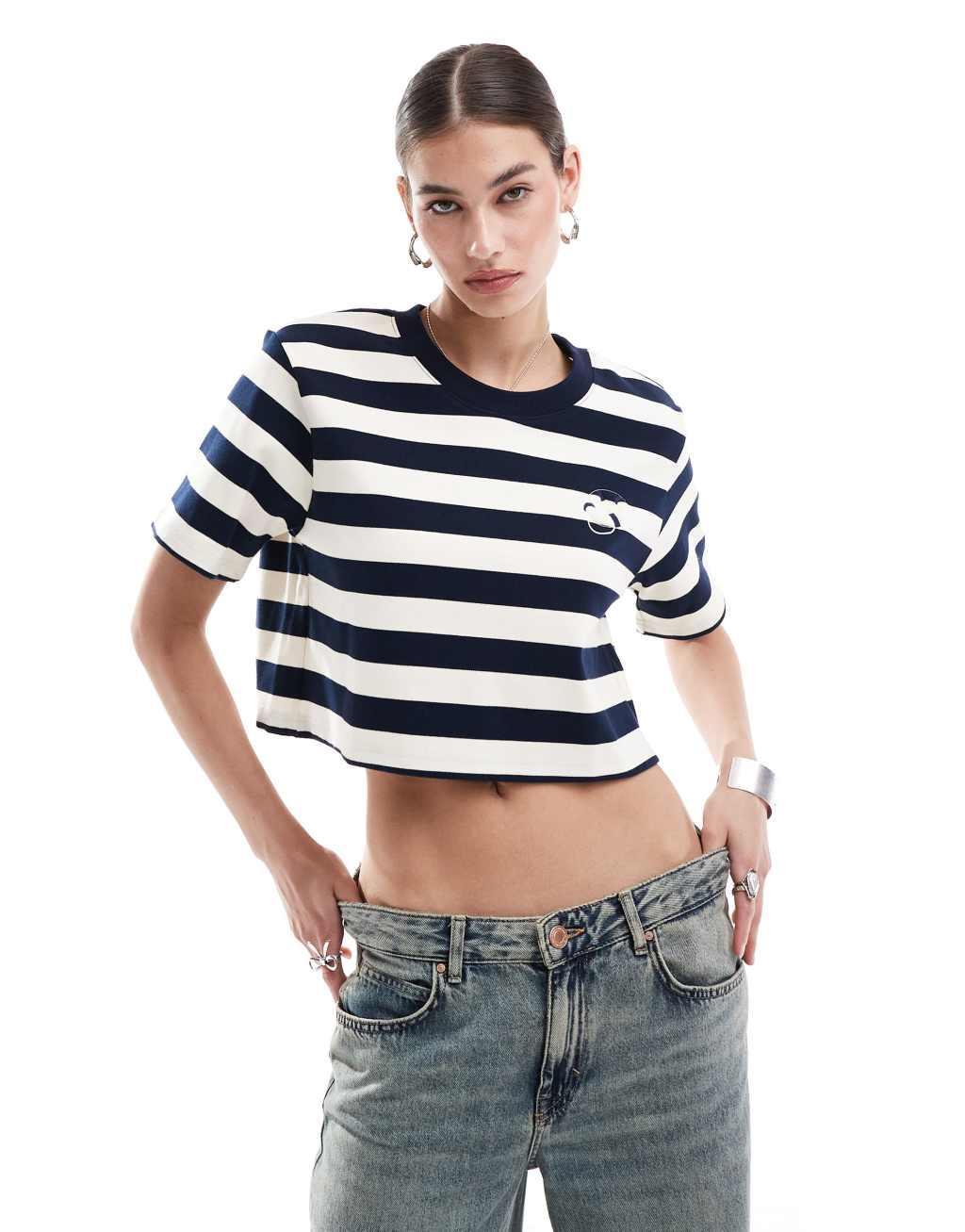 Urban Revivo cropped nautical t-shirt in navy and white product image