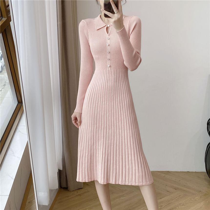 Long-Sleeve Collared Plain Ribbed Knitted Midi A-Line Dress Product Image