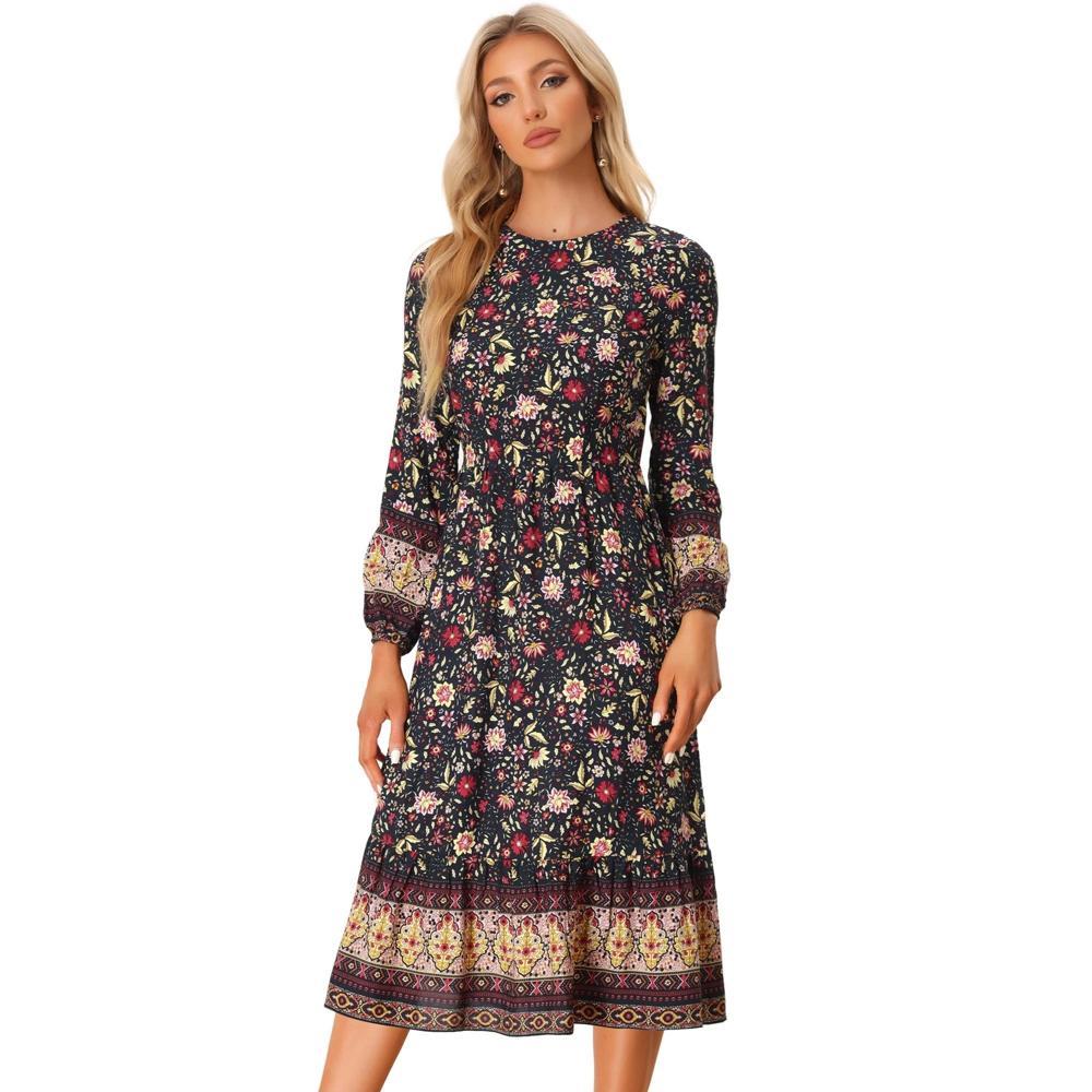 Allegra K Women's Boho Floral Long Sleeves Midi Dress Black Medium Product Image