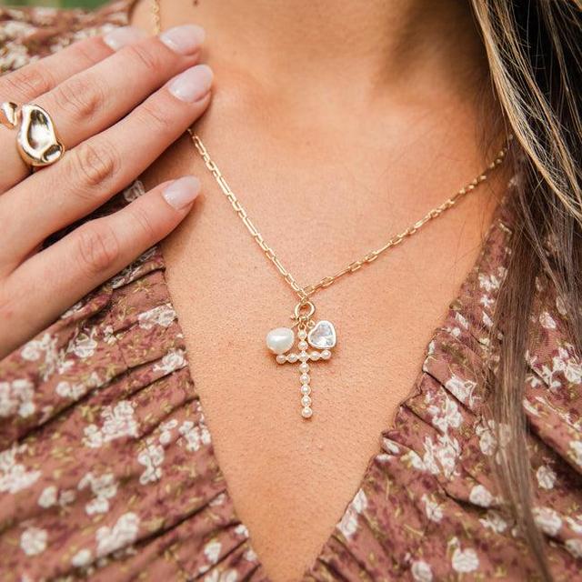 Pearl Studded Cross Charm Necklace Product Image