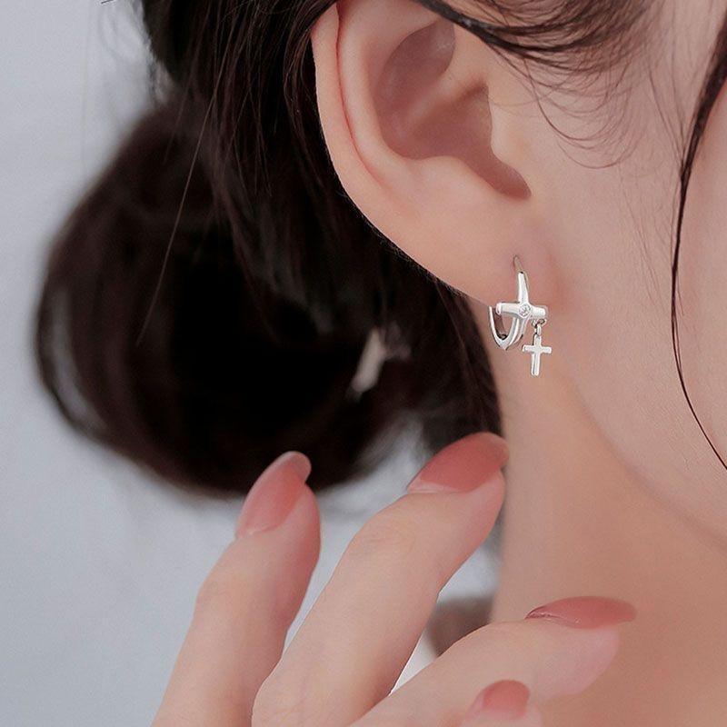 925 Sterling Silver Cross Huggie Earring Product Image