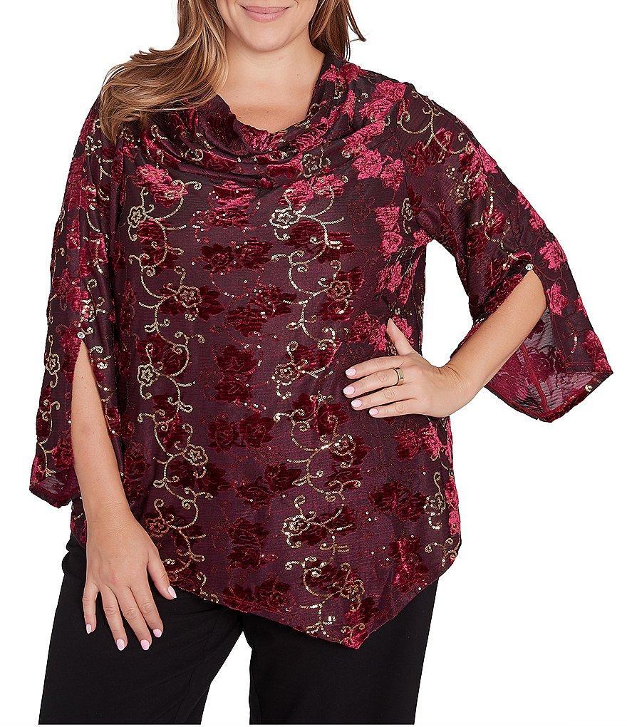 Ruby Rd. Plus Size Knit Floral Velvet Cowl Neck 3/4 Split Sleeve Asymmetrical Hem Top Product Image