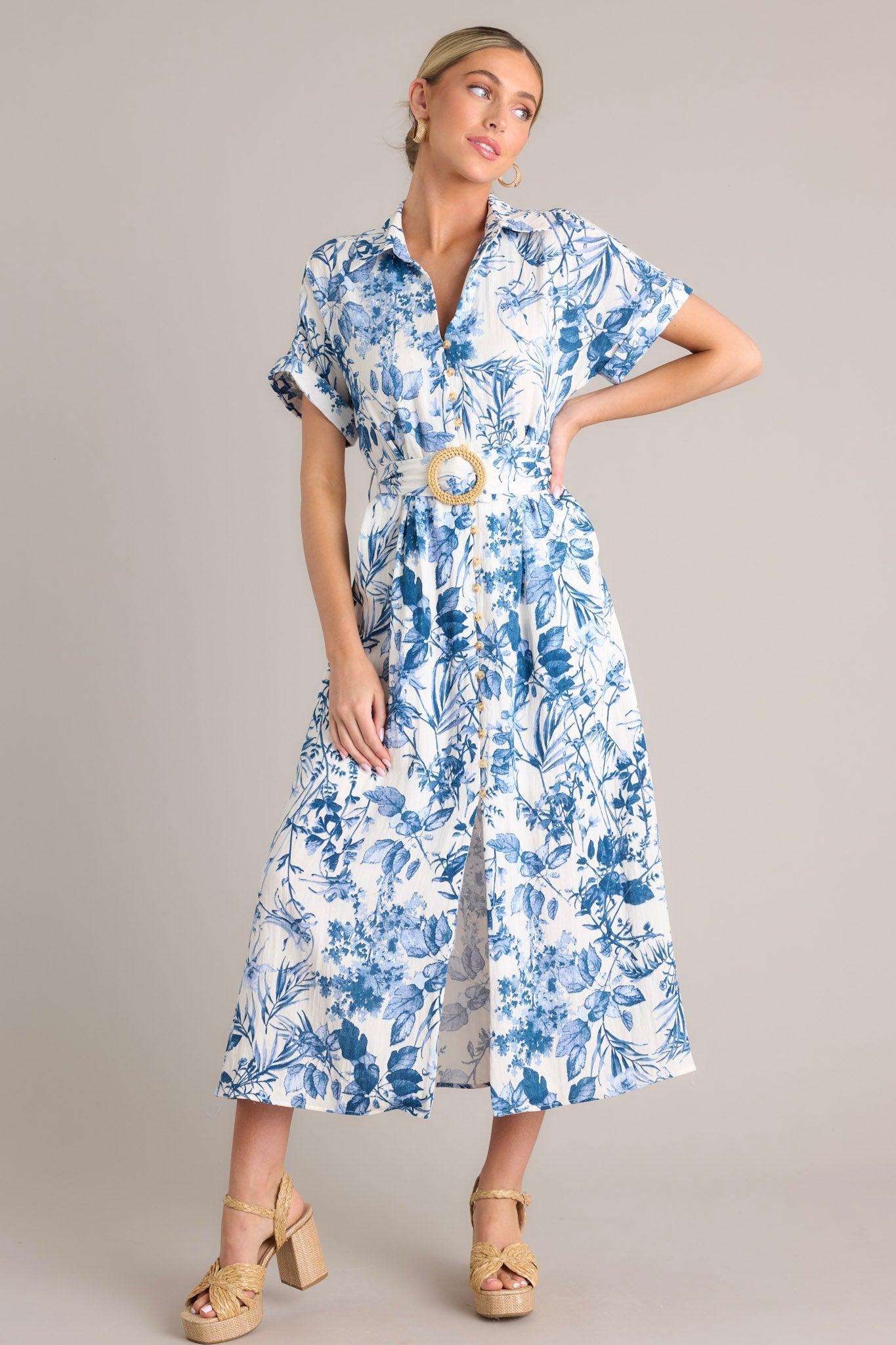 Springtime Splendor White & Blue Floral Belted Midi Dress Product Image