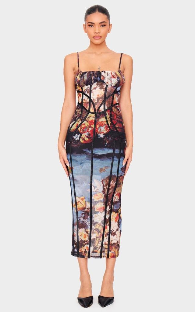 Multi Floral Print Mesh Binding Detail Midaxi Dress Product Image