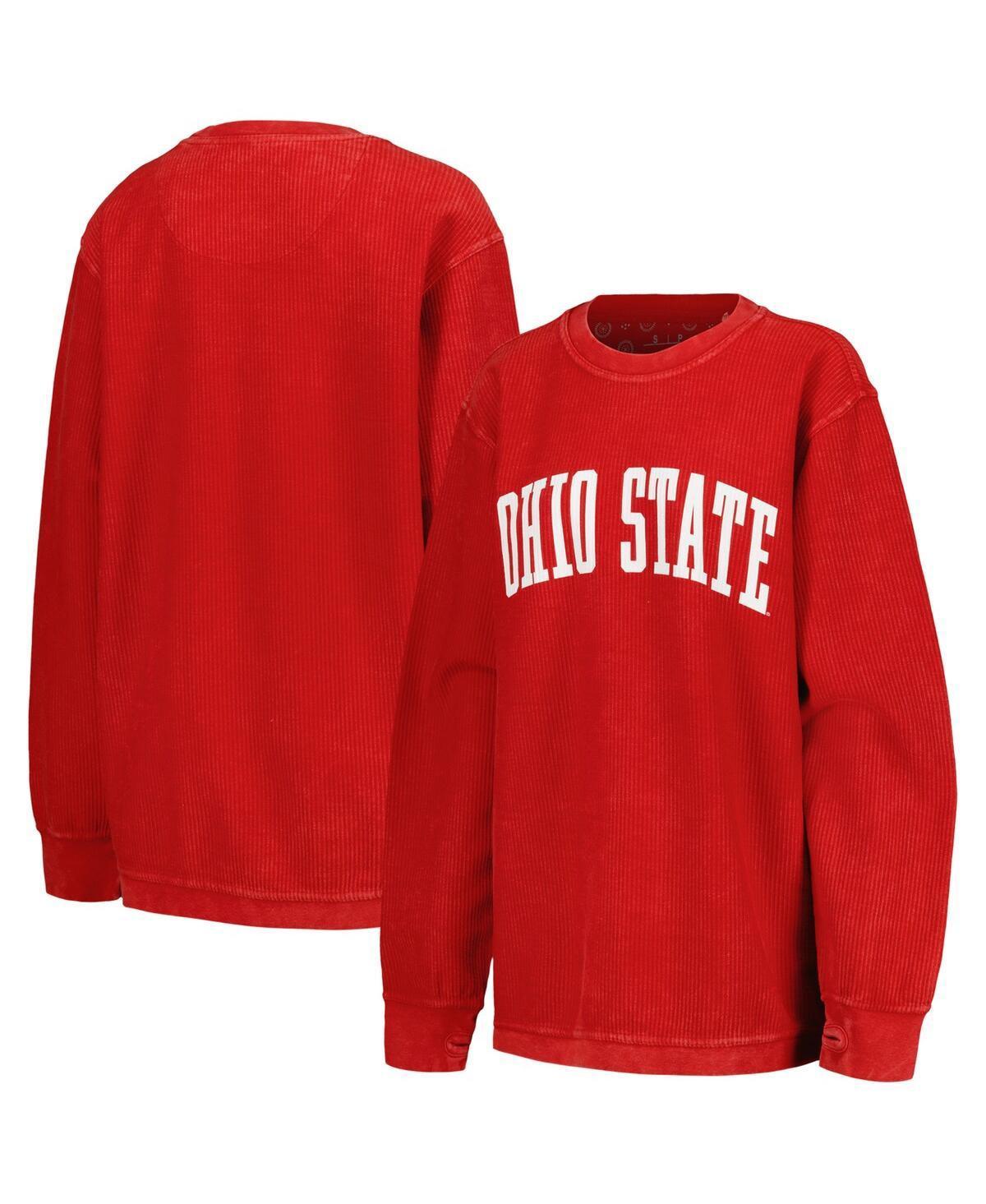 Womens Pressbox Scarlet Distressed Ohio State Buckeyes Comfy Corded Vintage-Like Wash Basic Arch Pullover Sweatshirt Product Image