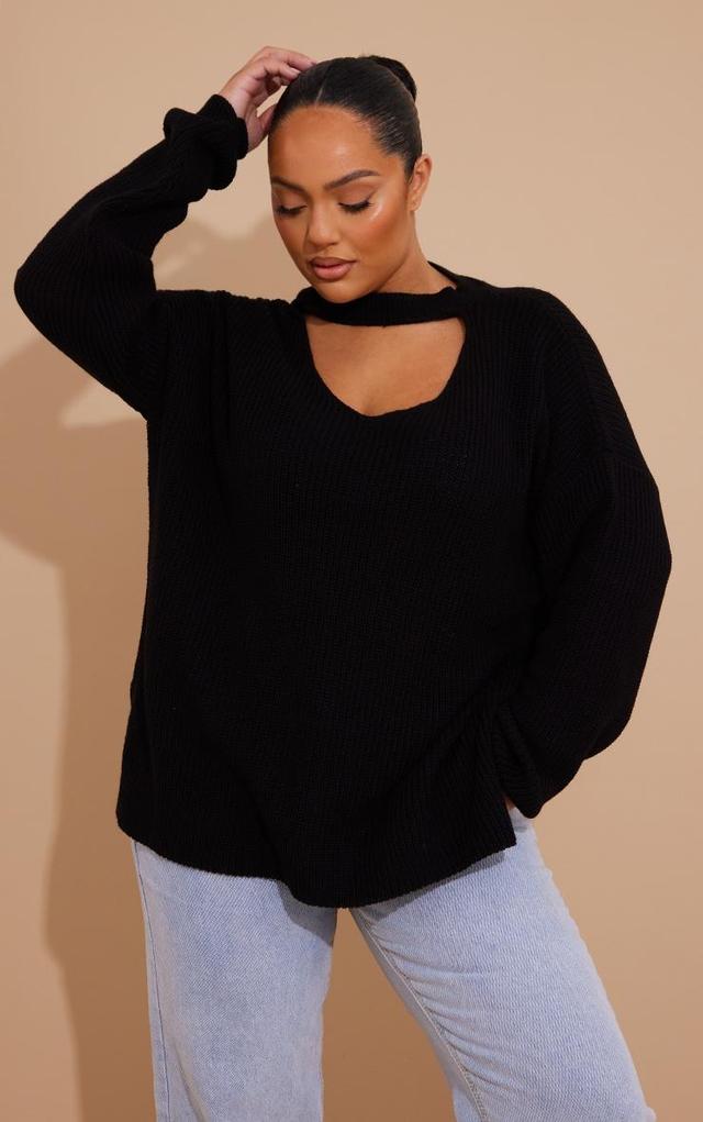 Plus Black Knitted V Neck Cut Out Sweater Product Image