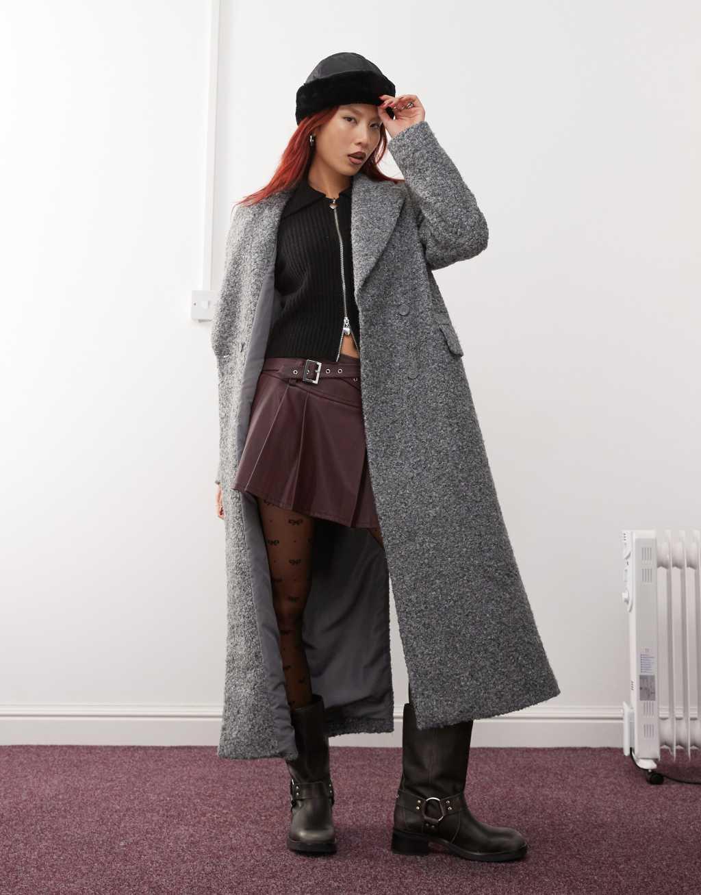 Monki wool mix textured long double breasted coat in gray product image