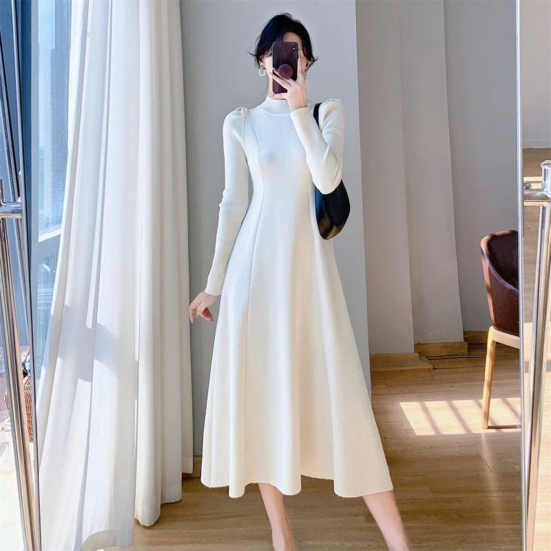 Long-Sleeve Mock Neck Plain Midi A-Line Knit Dress Product Image