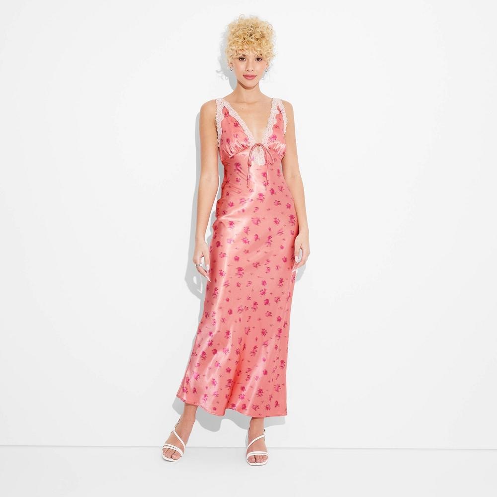 Womens Satin Lace Trim Midi Slip Dress - Wild Fable Salmon Floral L Product Image