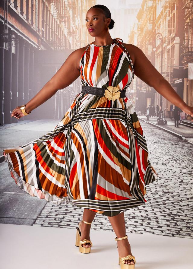 Plus Size Striped Pleated Midi Dress Ashley Stewart Product Image