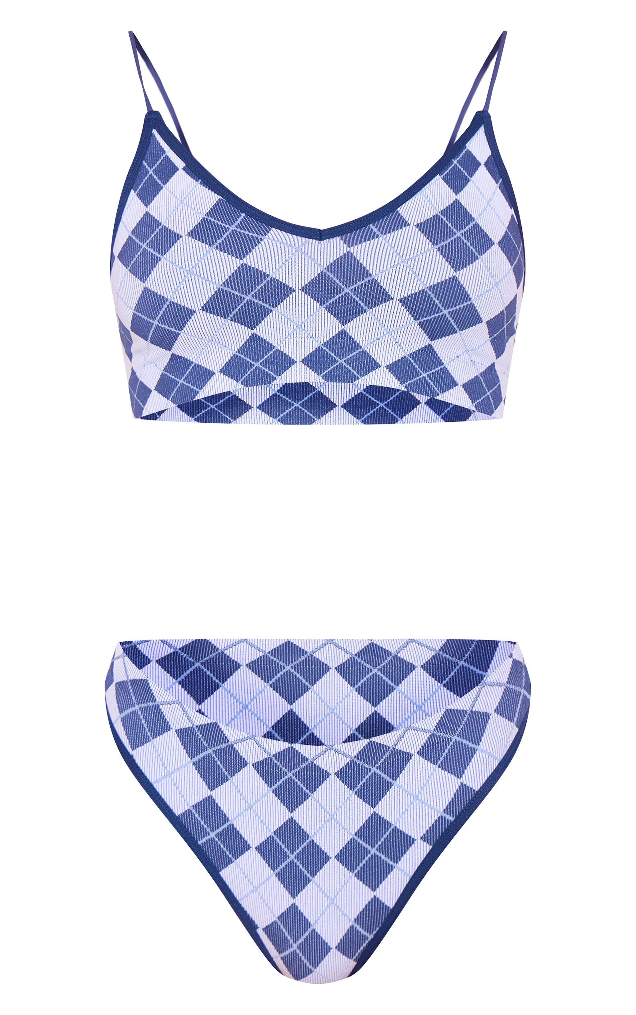 Blue Argyle Seamless Bralette And Thong Lingerie Set Product Image