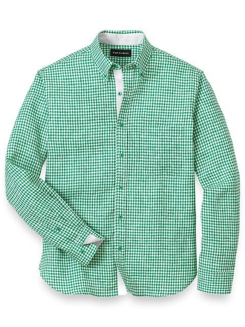 Linen Gingham Check Casual Shirt - Green Product Image