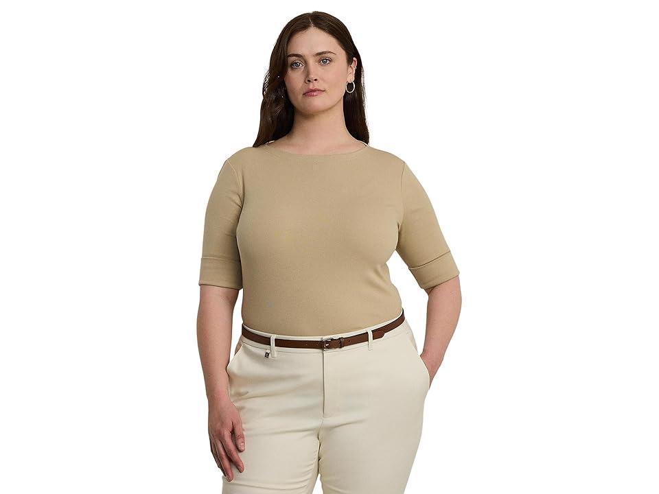 LAUREN Ralph Lauren Plus Size Stretch Cotton Boatneck Top (Birch Tan) Women's Clothing Product Image