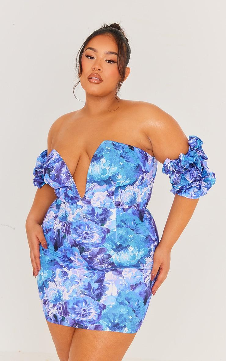 Plus Blue Floral V Neck Ruffle Sleeve Bodycon Dress Product Image