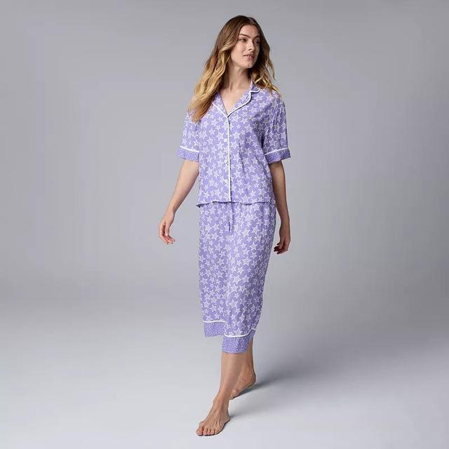 Womens Simply Vera Vera Wang Short Sleeve Notch Pajama Top & Pajama Culotte Pants Set Purple Star Product Image