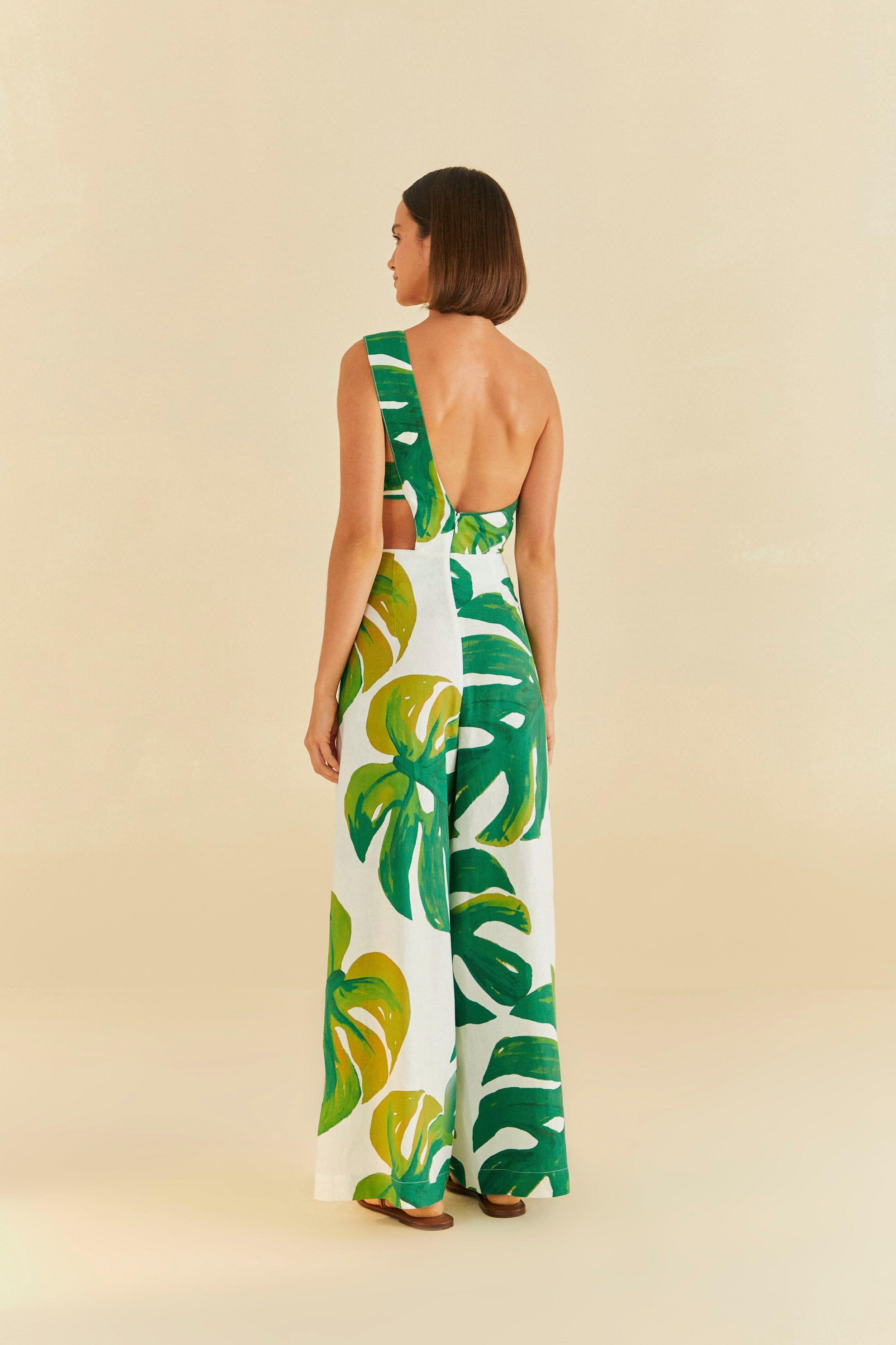 White Monstera One Shoulder Jumpsuit Product Image