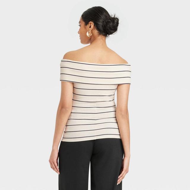 Womens Slim Fit Short Sleeve Off the Shoulder Top - A New Day White/Navy Striped XS Product Image