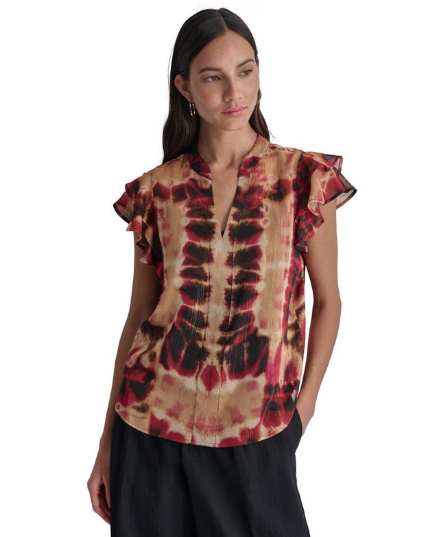 Women's Printed Double-Ruffle-Sleeve Split-Neck Chiffon Blouse Product Image