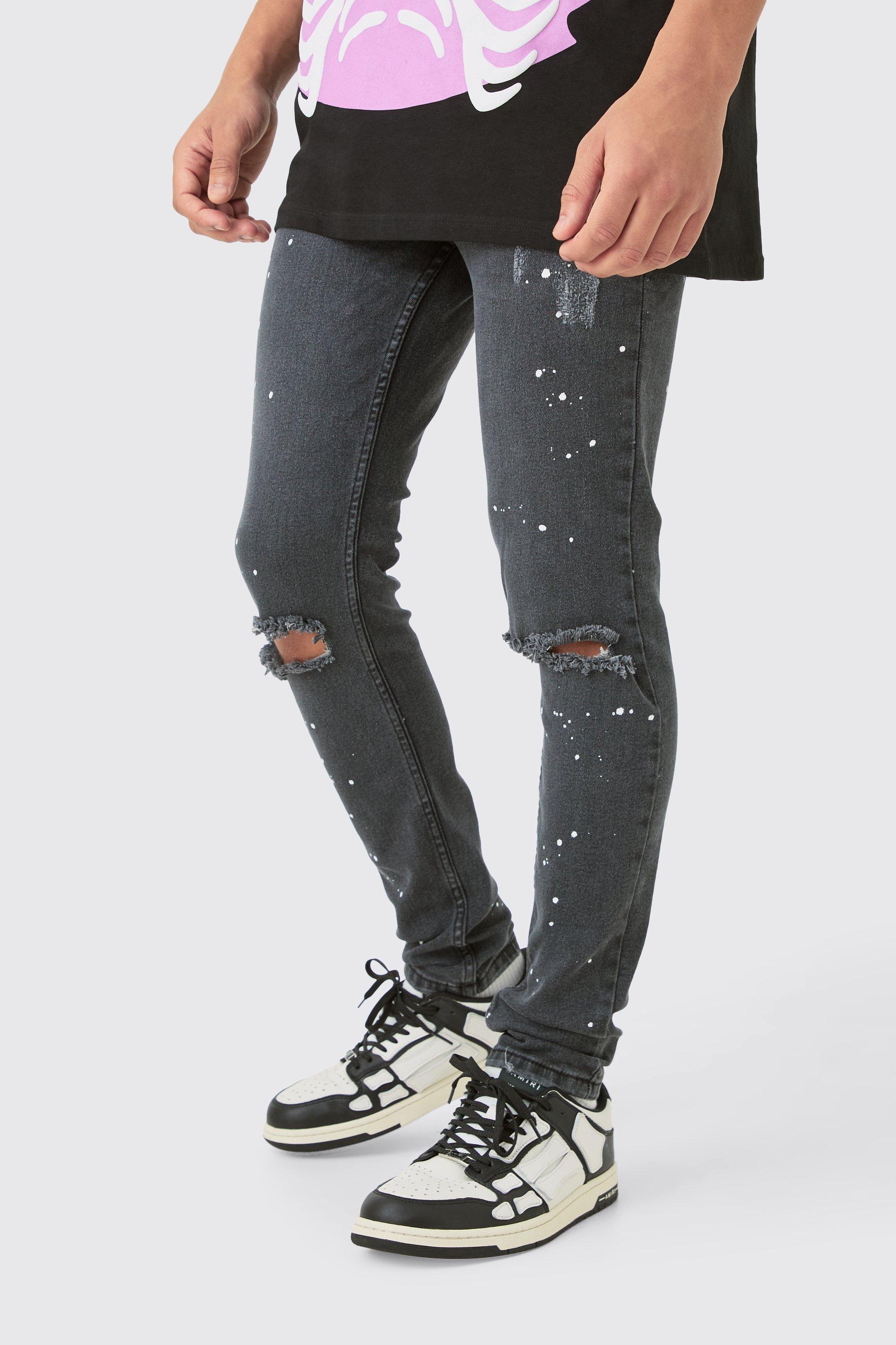 Skinny Stretch Paint Splatter Ripped Jeans | boohooMAN USA Product Image