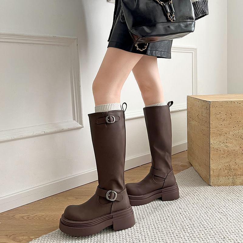 Platform Plain Buckled Tall Boots Product Image