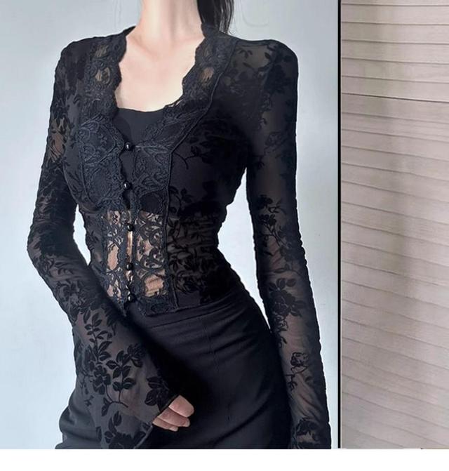 Long-Sleeve V-Neck Lace Crop Top Product Image