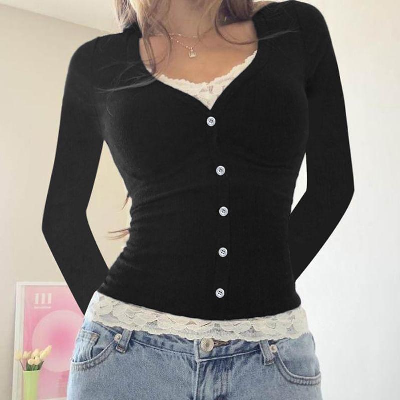 Long Sleeve V-Neck Mock Two Piece Button Panel Lace Top Product Image