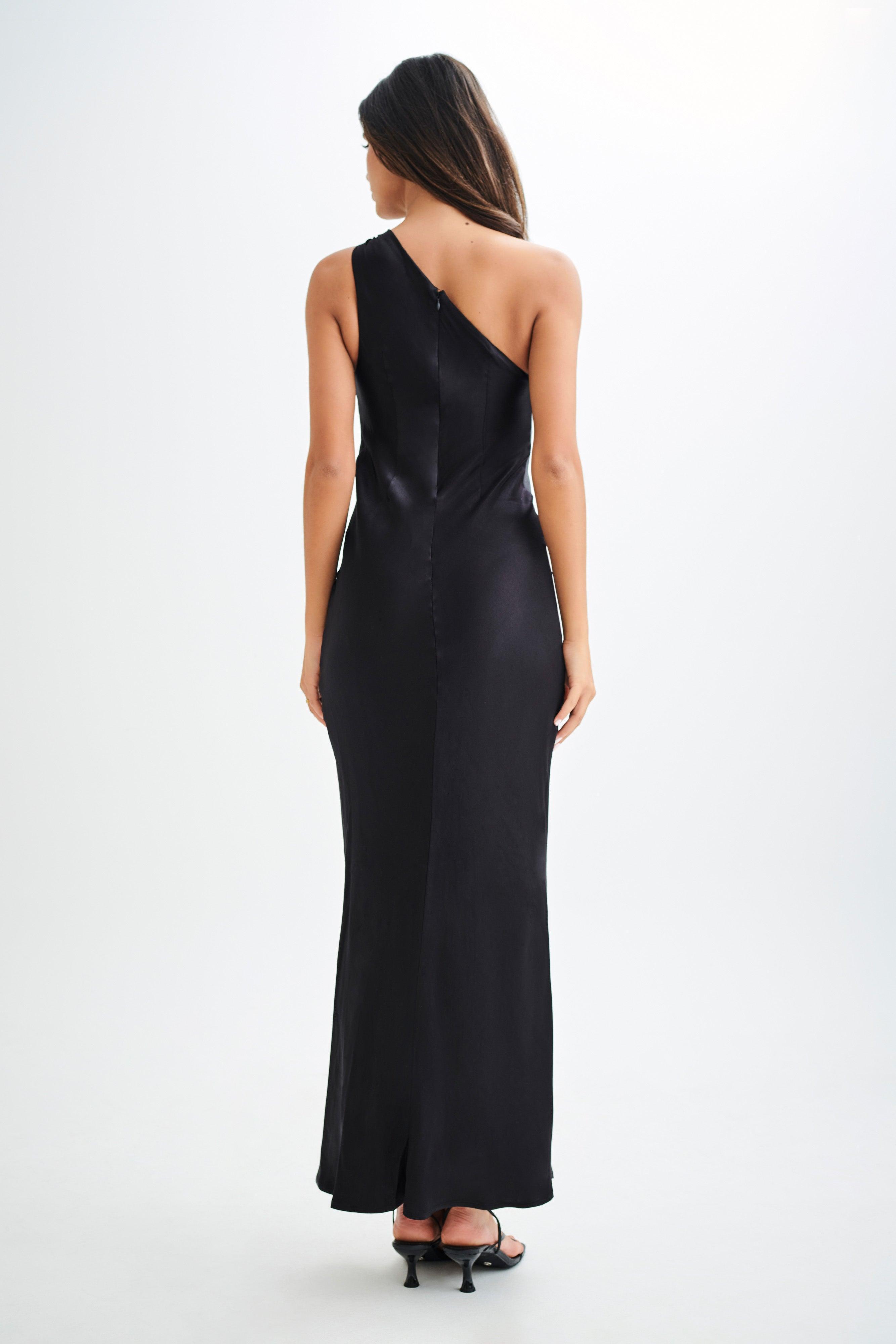 Camille One Shoulder Satin Maxi Dress - Black Product Image