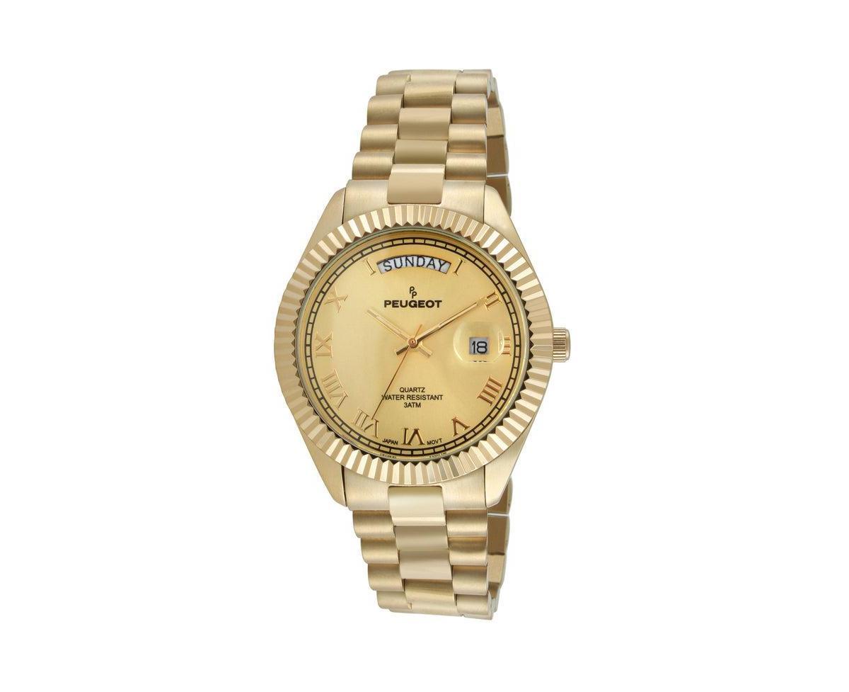 Peugeot Mens 40mm Gold Face Fluted Bezel Gold Bracelet Watch - Gold Product Image