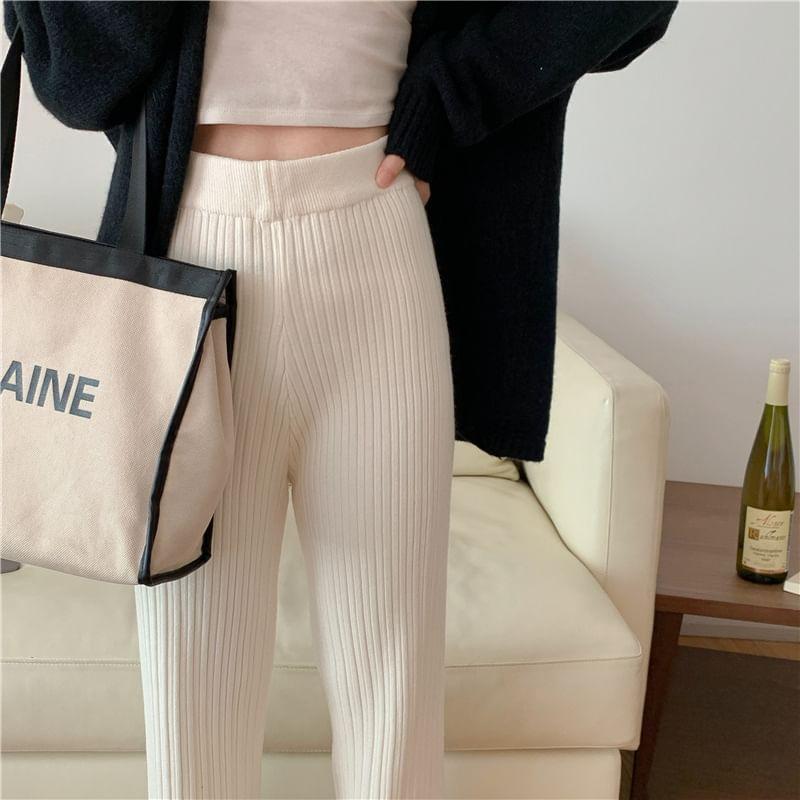 Elastic Waist Slit Ribbed Straight Leg Knit Pants Product Image