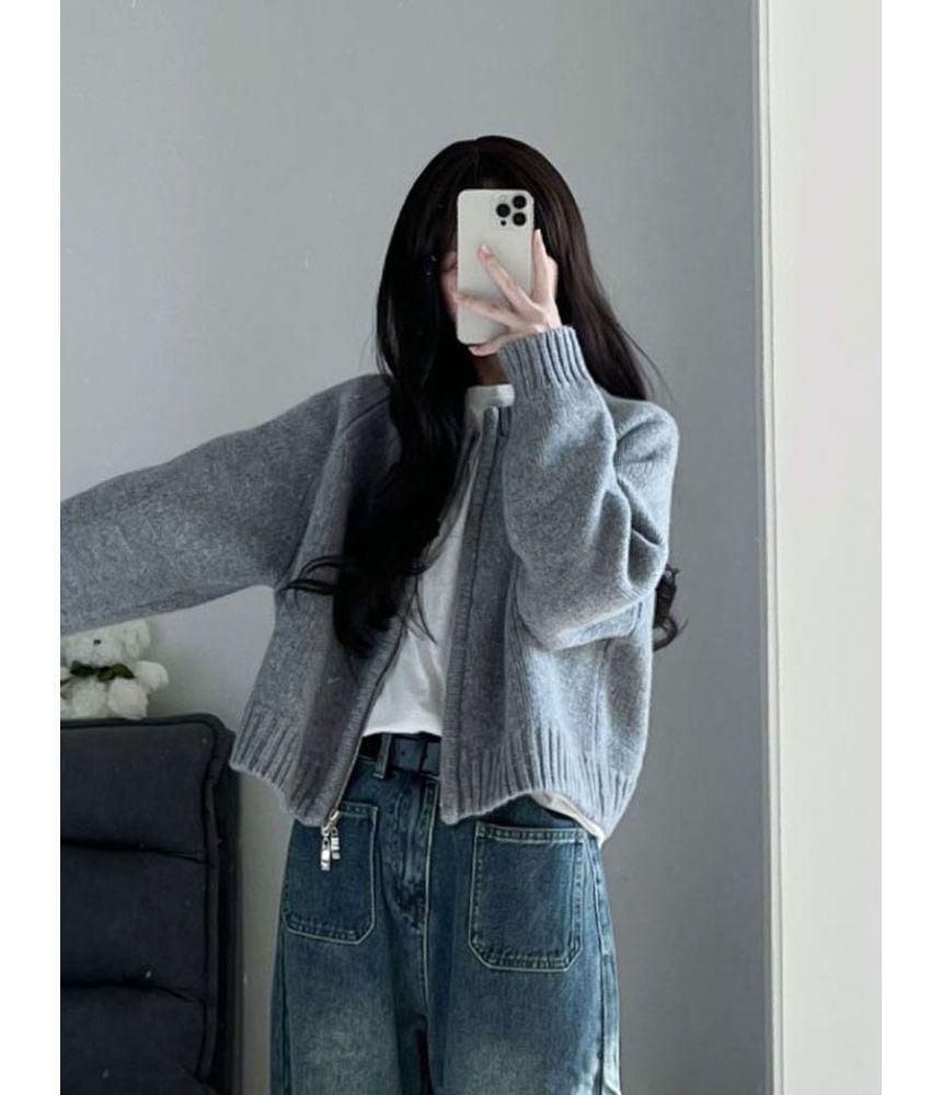 Crew Neck Plain Double-Ended Zip Cardigan Product Image