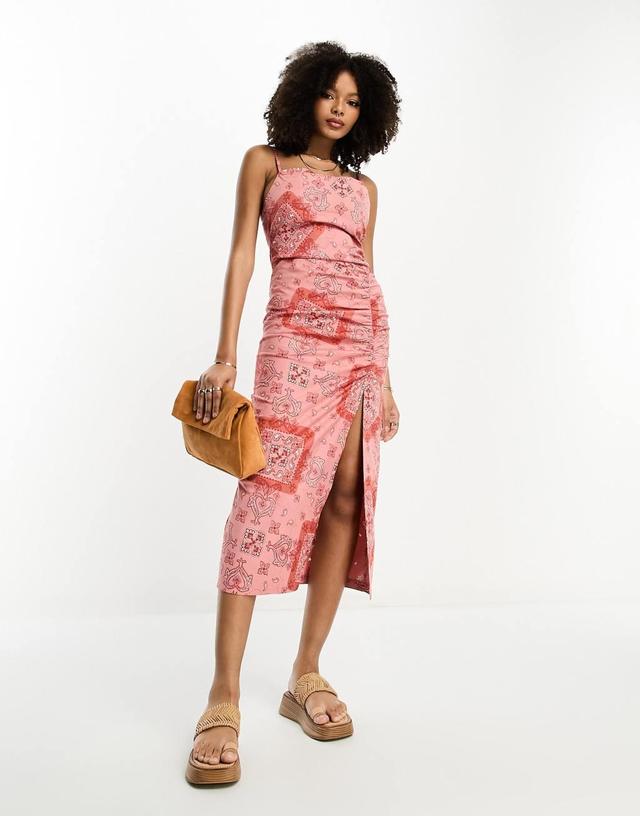 ASOS DESIGN cupped cowl midi sundress with ruching detail in bandana print Product Image