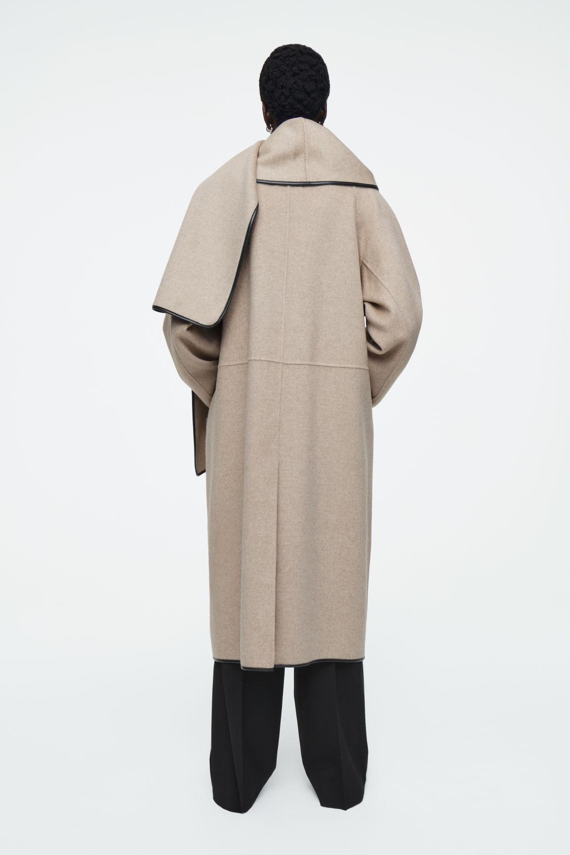 LEATHER-TRIMMED WOOL SCARF COAT Product Image