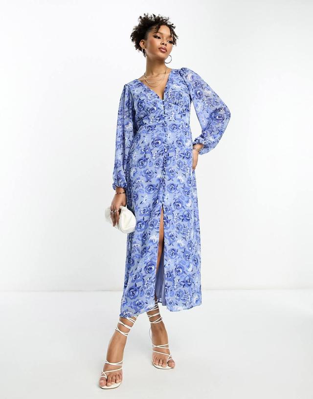 Vila v neck button up maxi dress in blue floral Product Image