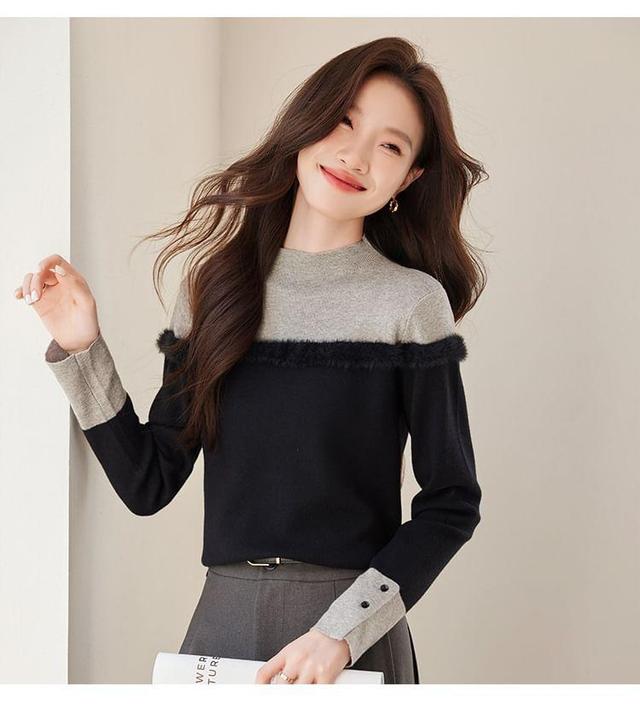 Long Sleeve Mock Neck Two Tone Panel Knit Top Product Image