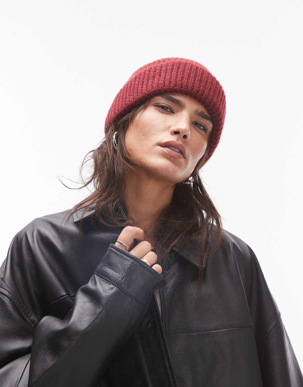 Topshop Henry ribbed beanie in red Product Image