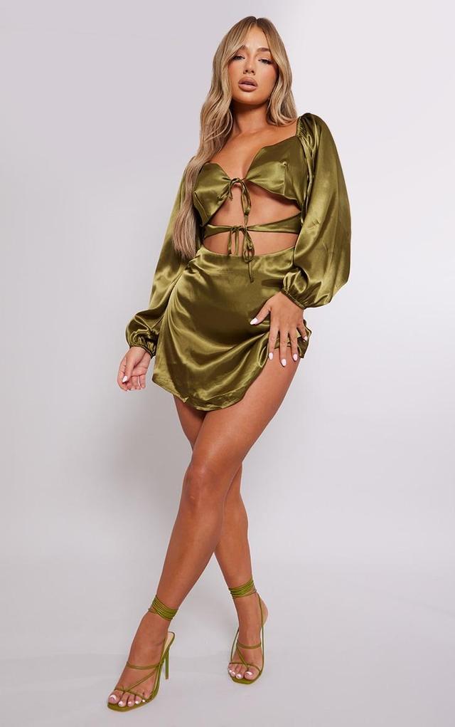 Olive Satin Cut Out Tie Detail Shift Dress Product Image