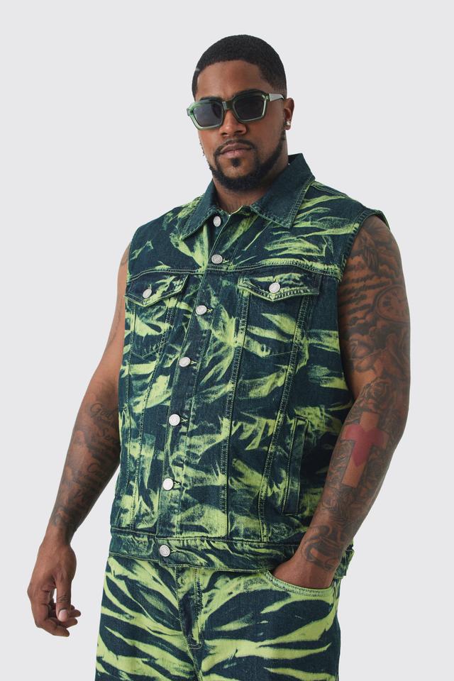 Mens Green Plus Bleach Wash Denim Gilet, Green Product Image