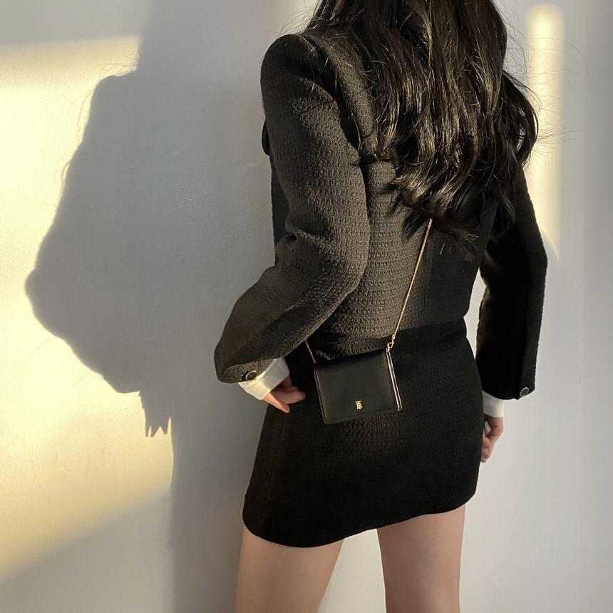 Crew Neck Plain Button-Up Tweed Crop Jacket / High Waist Slit Mini Pencil Skirt Product Image