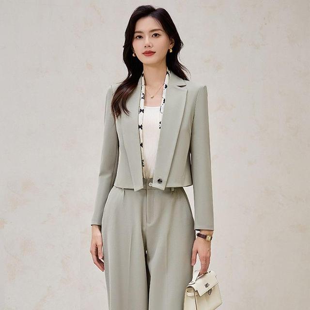 Notch Lapel Plain Single Breasted Blazer / High Rise Wide Leg Slacks / Set Product Image