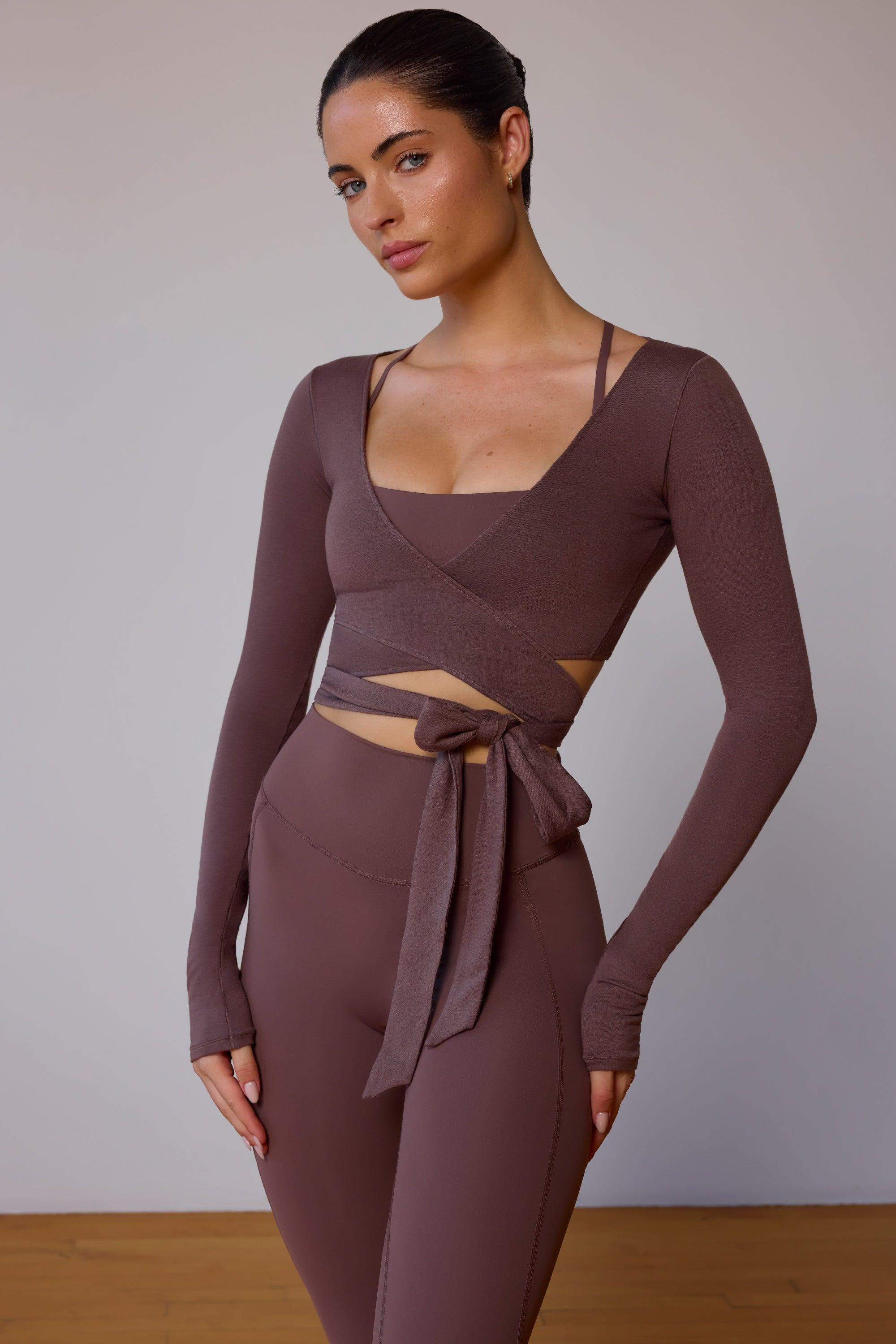 Long-Sleeve Wrap Crop Top in Taupe Brown Product Image