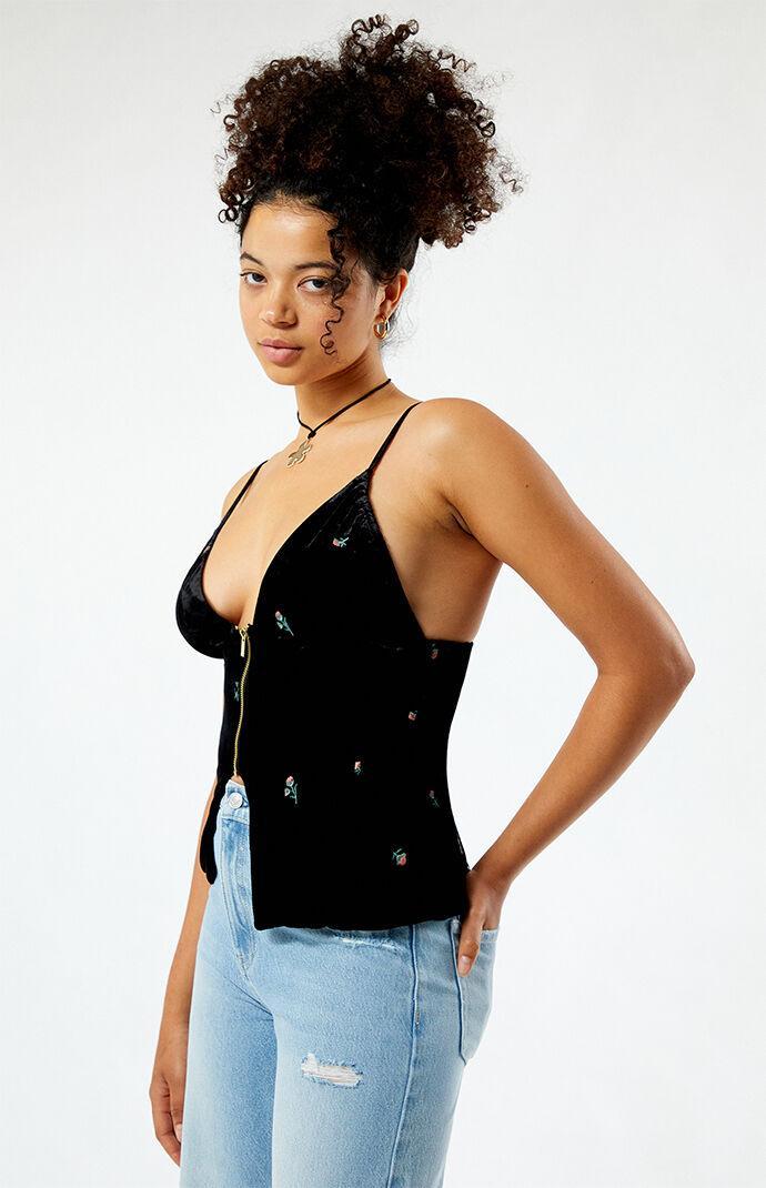 WeWoreWhat Embroidered Velvet Peplum Corset in Black. Product Image